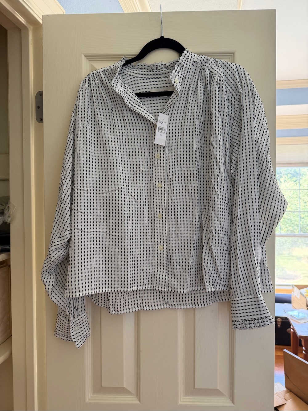 LOFT White Button-Down Shirt with Black Dot Pattern